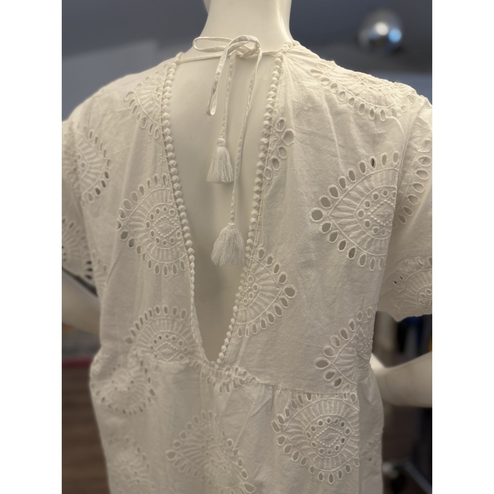 NEW H&M Cotton Beach Dress Kaftan Mini Coverup Sz M All Over Eyelet Swim White - Picture 5 of 10